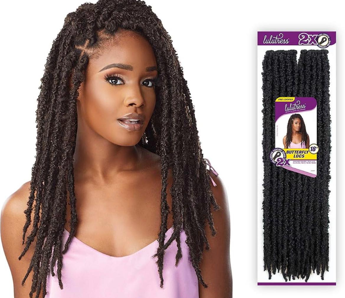 Lulutress butterfly locs pack beside the finished hairstyle